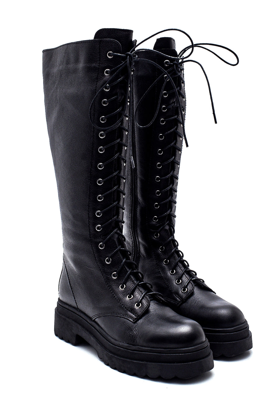 Women's Black Leather Casual Flat Boots