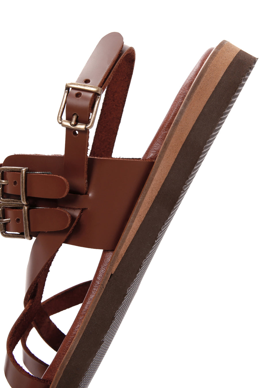 Women's Brown Ankle Buckle Flip-Flop Leather Sandals