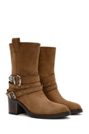 Women's Tan Suede Heeled Cowboy Boots | Derimod
