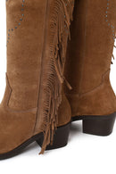 Woman Tan Fringed Chunky-Heeled Suede Cowboy Boots | Derimod