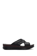 Women's Black Thick Soled Leather Comfort Slippers | Derimod