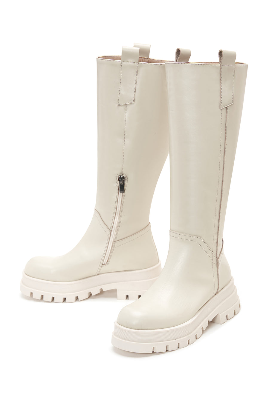 Women's Beige Leather Zippered Thick Soled Boots