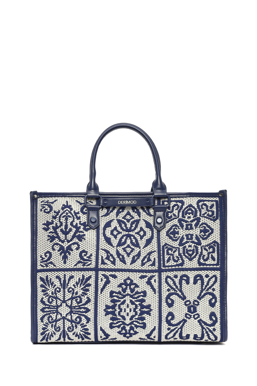 Woman Navy Patterned Fabric Long-Strap Shoulder Bag