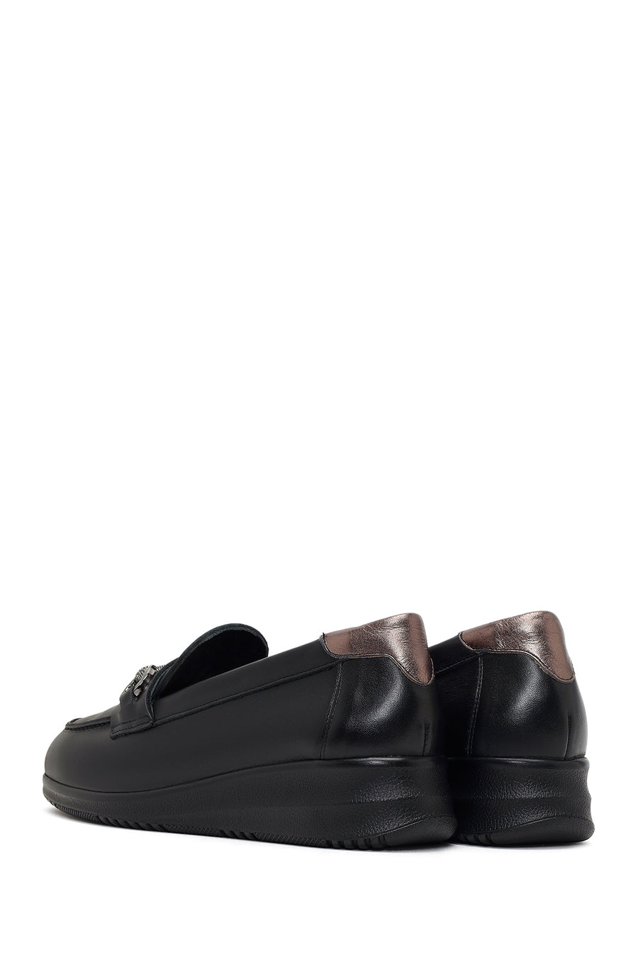 Kadın Siyah Tokalı Dolgu Topuklu Deri Comfort Loafer