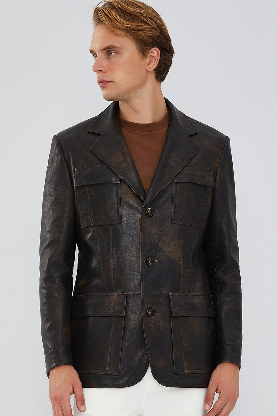 Kane Erkek Kahverengi Vintage Blazer Safari Deri Ceket