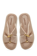 Women's Beige Buckle Detailed Leather Slippers | Derimod