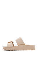Women's Beige Double Buckled Stoned Slippers | Derimod