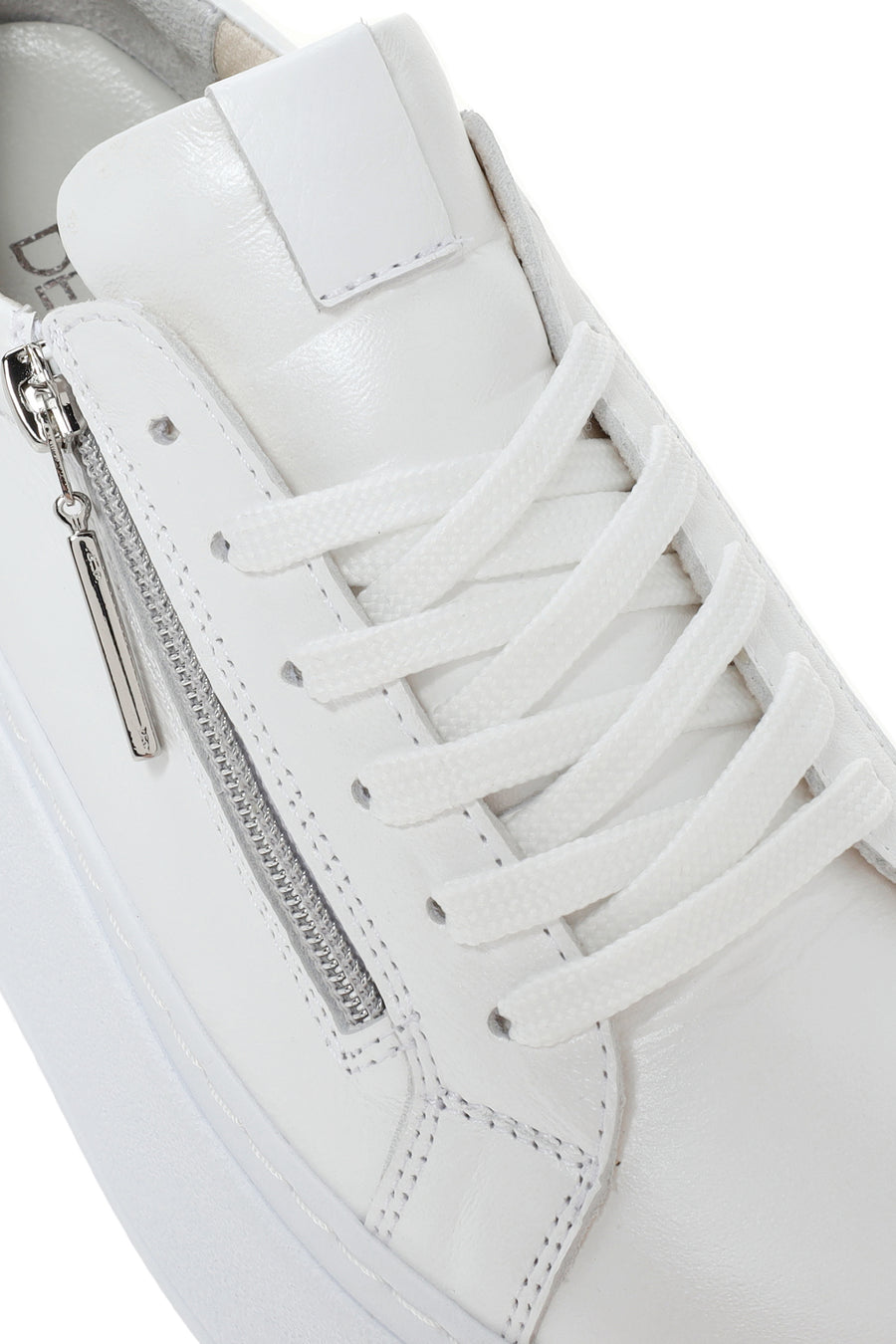 Women's White Thick-Soled Side Zipper Lace-Up Leather Sneakers