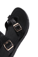 Women's Black Double Buckled Patterned Slippers | Derimod