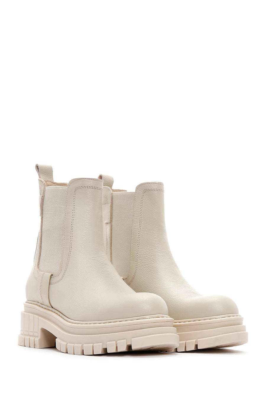 Women's Cream Chunky Heel Leather Chelsea Boots