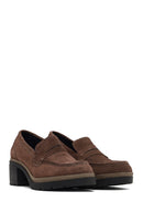 Women's Mink Thick Heeled Suede Leather Masculine Loafer | Derimod