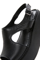 Women's Black Ankle Strap Wedge Heeled Leather Comfort Sandals | Derimod