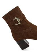 Women's Tan Zippered Thick Heeled Suede Leather Boot | Derimod