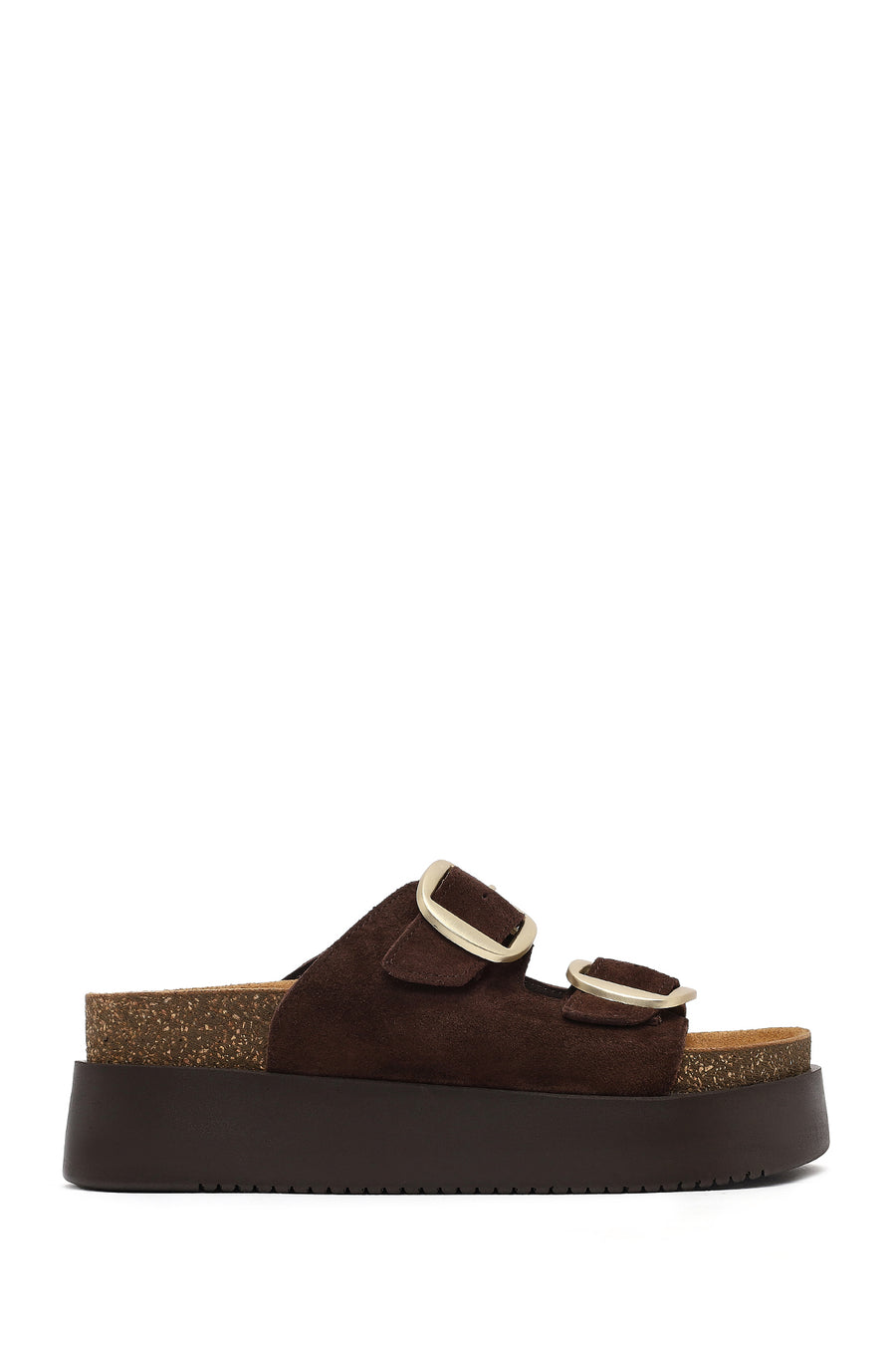 Women's Brown Double Buckle Thick Sole Suede Leather Slippers 25SFD132810 | Derimod
