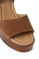 Woman Tan Buckled Platform Block-Heel Suede Leather Sandals | Derimod