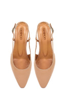Women's Beige Open Back Short Chunky Heel Leather Ballet Flats | Derimod