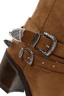 Women's Tan Suede Heeled Cowboy Boots | Derimod