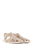 Woman Beige Ankle-Buckle Suede Leather Sandals | Derimod