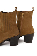 Woman Tan Zip Closure Chunky Heeled Suede Boots | Derimod