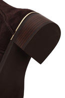 Woman Brown Short Thick-Heeled Suede Boots | Derimod