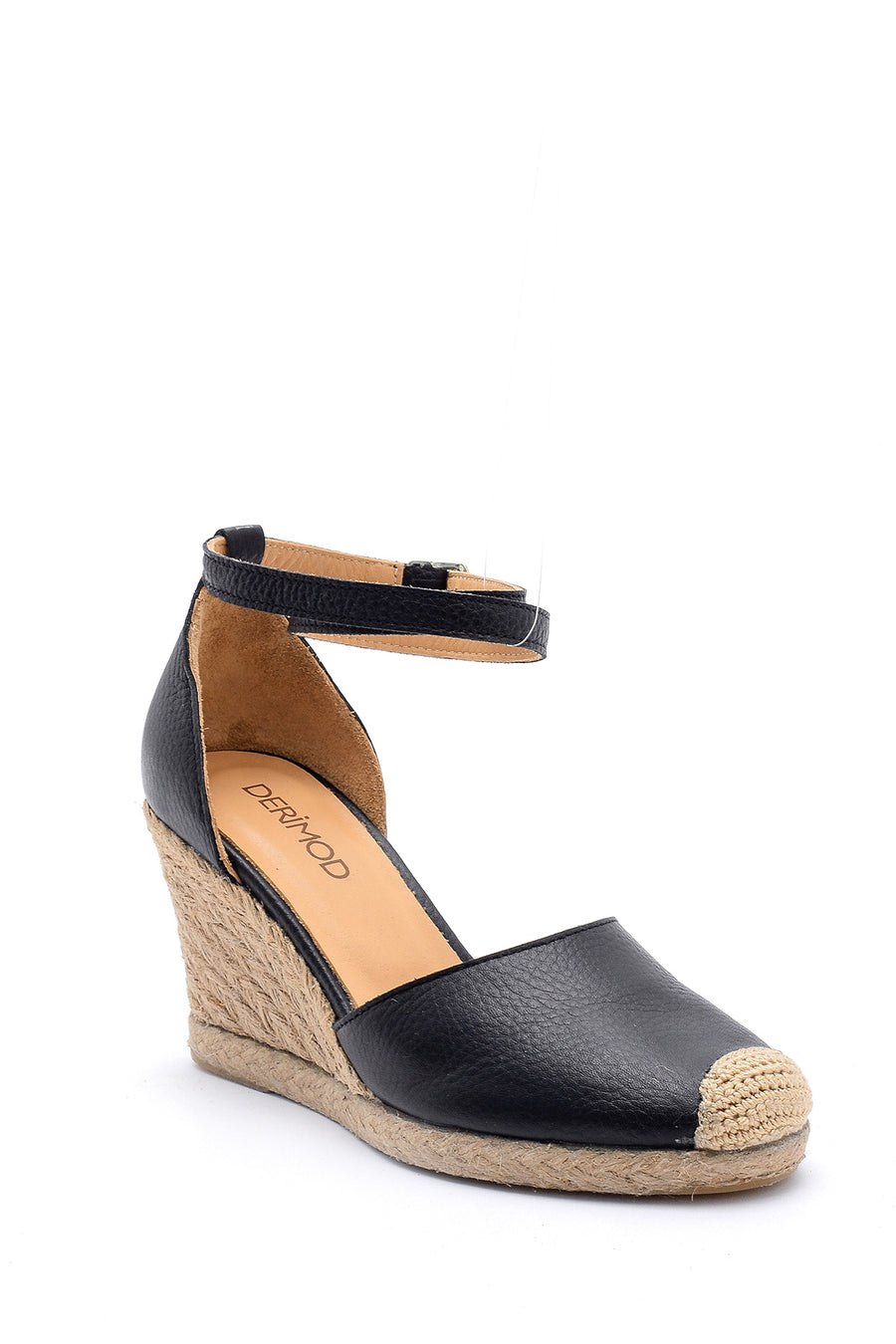 Women's Leather Straw Detailed Wedge Heeled Sandals