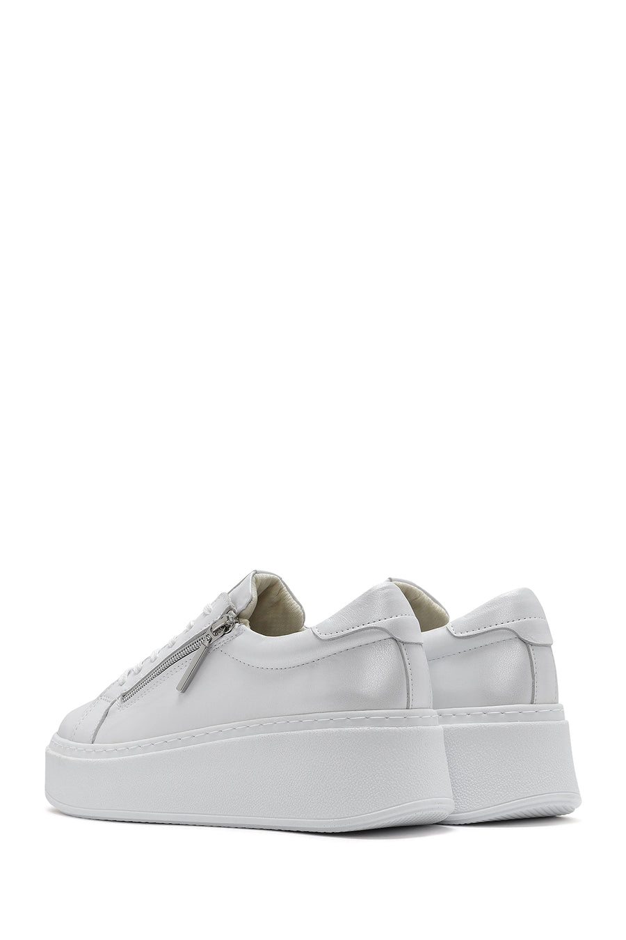 Women's White Thick-Soled Side Zipper Lace-Up Leather Sneakers