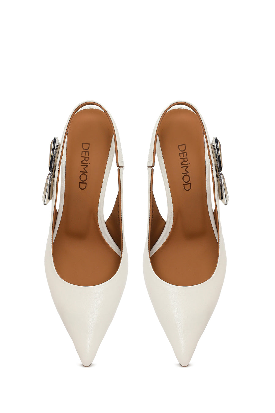 Woman Cream Backless Heeled Leather Shoes