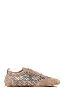 Women's Mink Lace-up Rhinestone Suede Leather Sneaker | Derimod
