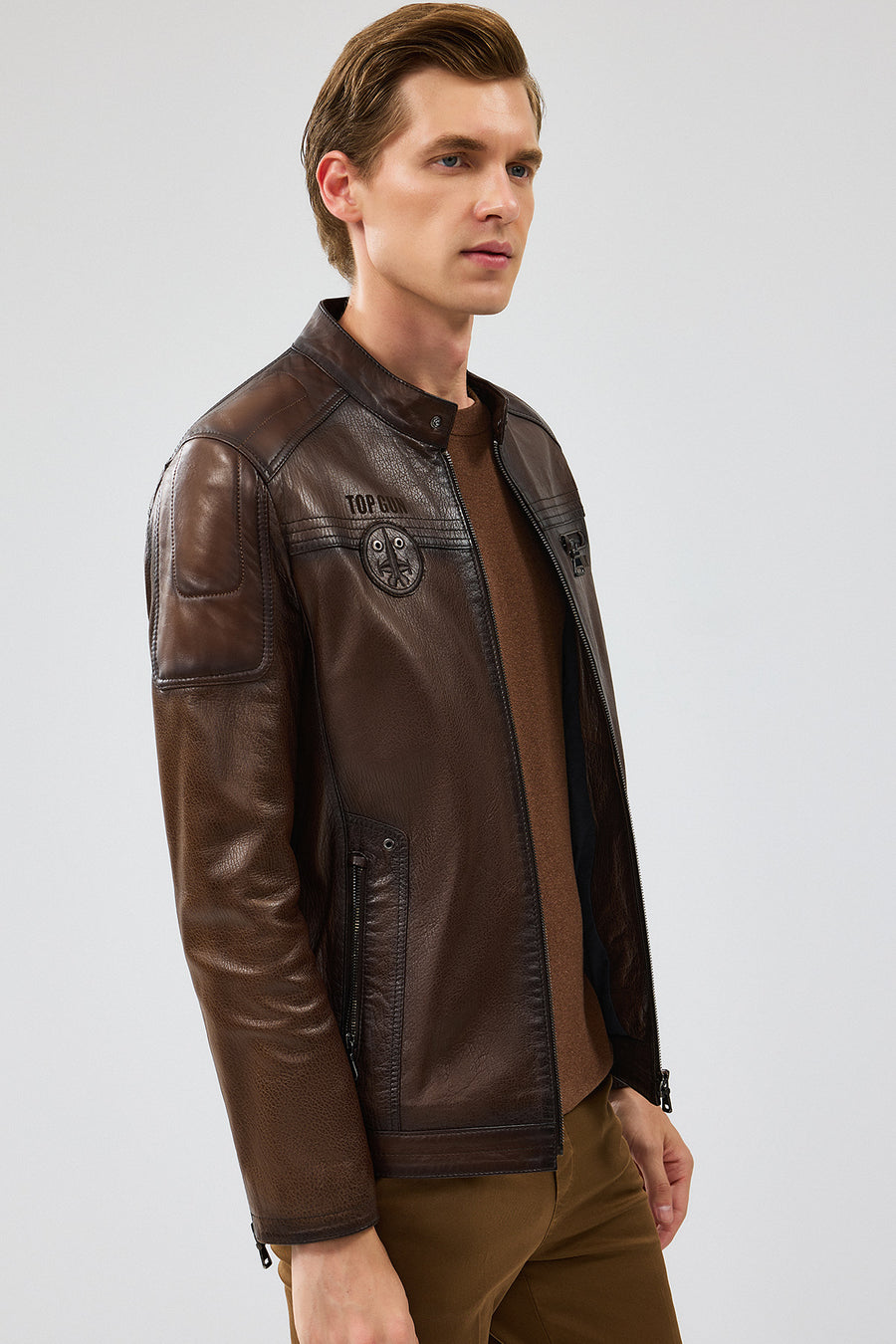 Kawhi Men's Brown Slim-Fit Embroidered Leather Coat
