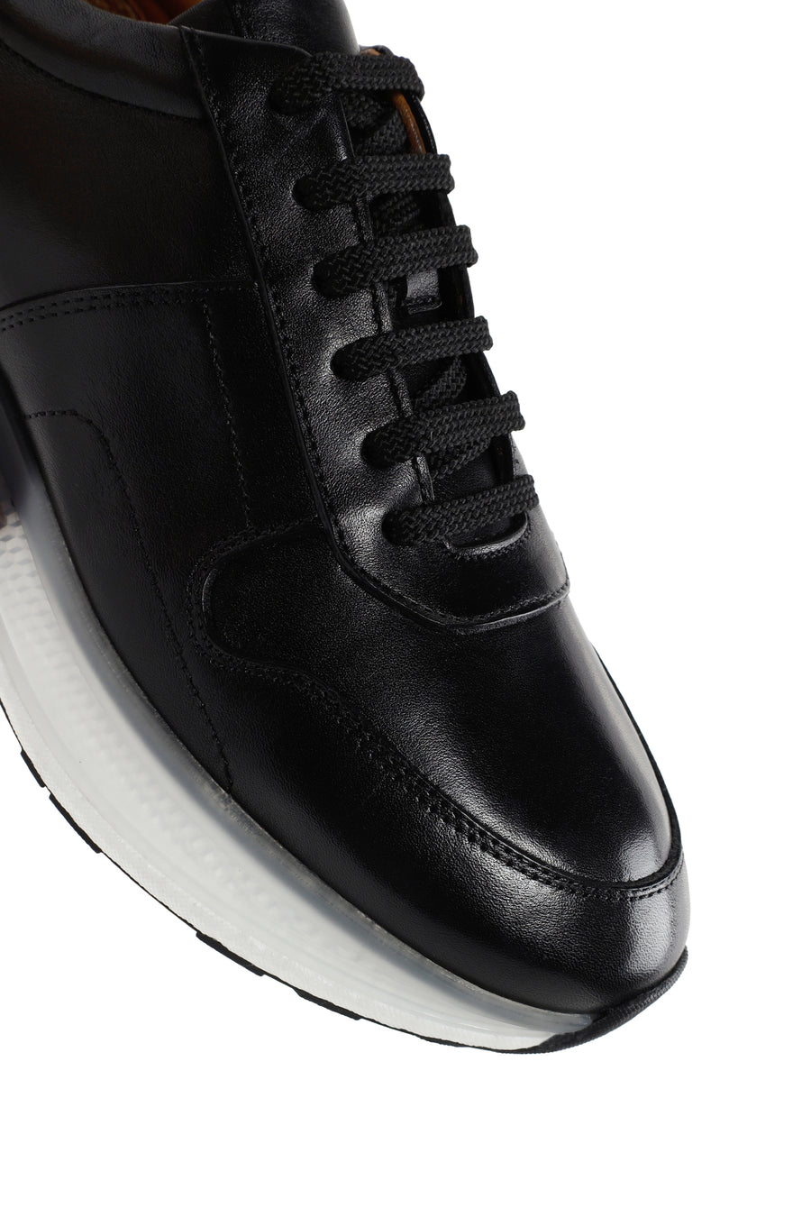 Erkek Siyah Kalın Tabanlı Bağcıklı Deri Sneaker