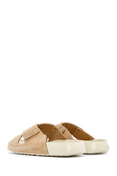 Women's Beige Strapped Nubuck Leather Comfort Slippers | Derimod