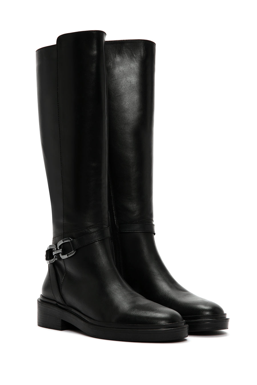 Woman Black Zippered Buckle Detail Leather Casual Boots