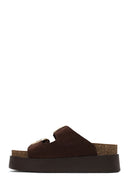 Women's Brown Double Buckle Thick Sole Suede Leather Slippers | Derimod