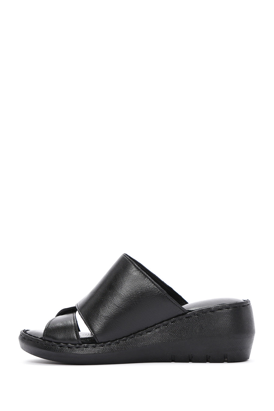 Women's Black Wedge Heeled Leather Comfort Slippers