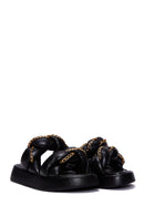 Women's Black Leather Chain Detailed Thick Soled Slippers | Derimod