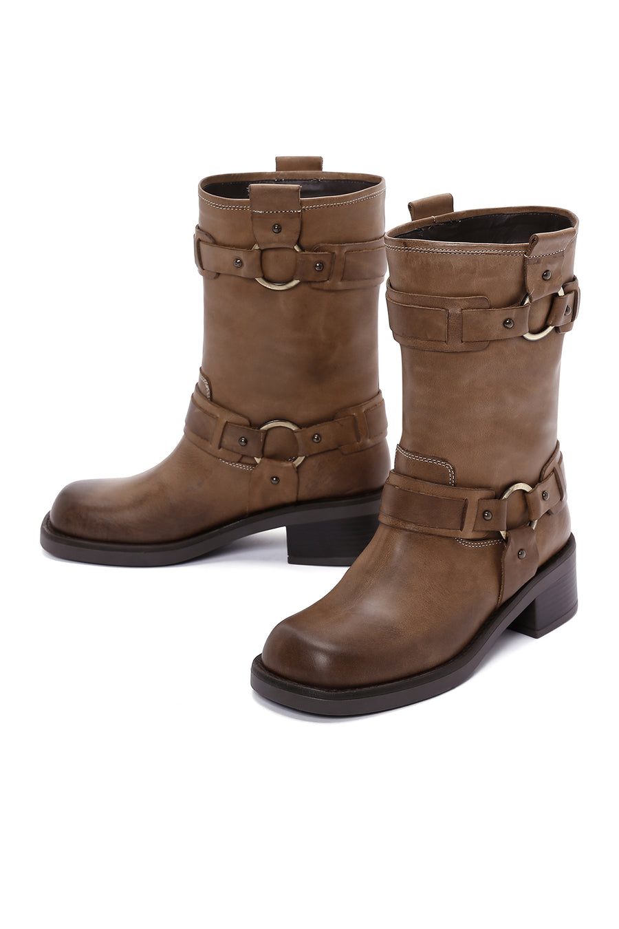 Women's Brown Leather Buckle Boots