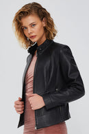 Sandy Women's Black Embroidered Leather Jacket | Derimod