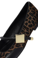 Women's Brown Buckle Detailed Leopard Patterned Leather Ballerinas | Derimod