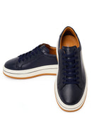 Erkek Lacivert Bağcıklı Kalın Tabanlı Deri Sneaker | Derimod
