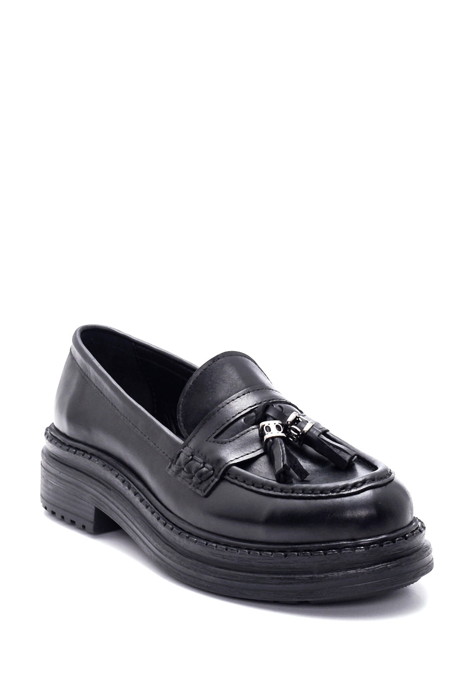 Women's Black Leather Tassel Loafer