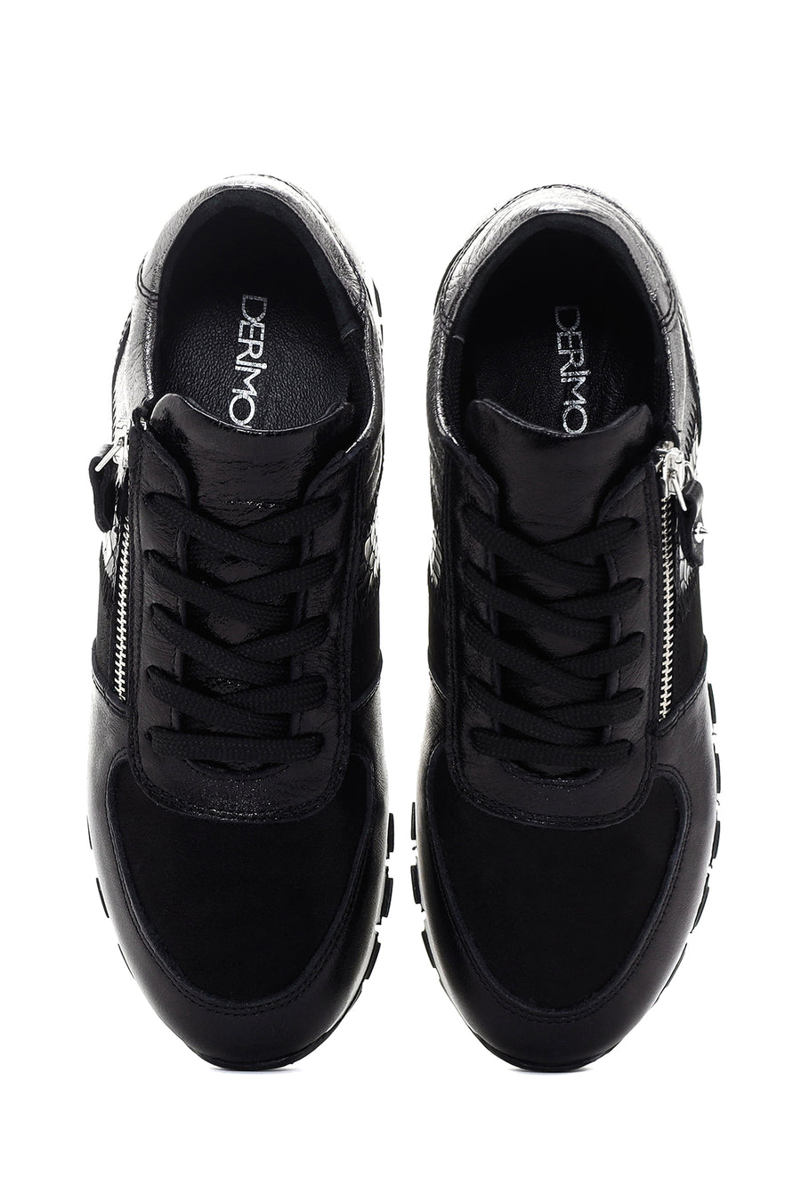 Kadın Siyah Bağcıklı Fermuar Detaylı Deri Sneaker