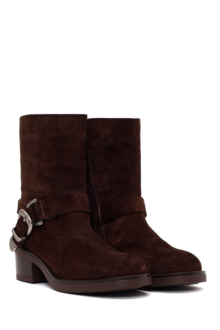 Woman Brown Zip Closure Chunky Heeled Suede Boots