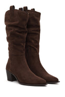 Woman Brown Zip Closure Chunky Heeled Suede Cowboy Boots | Derimod
