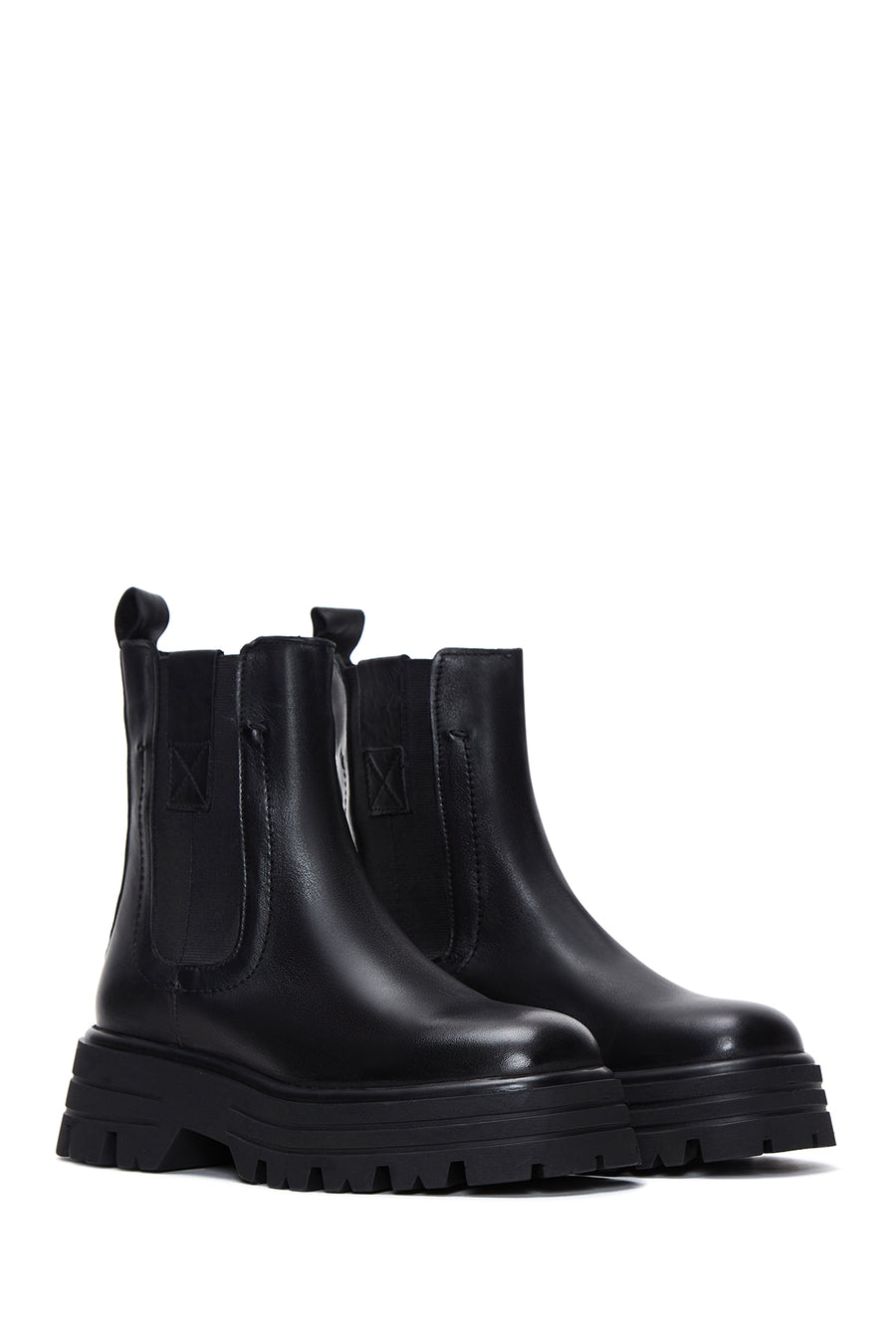 Women's Black Thick Soled Chelsea Leather Flat Boots