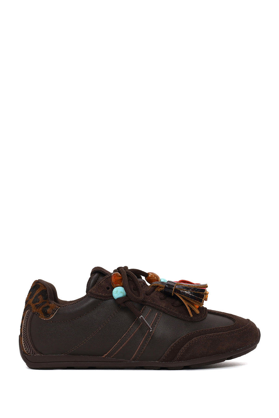 Woman Brown Lace-Up Leopard Leather Sneaker with Charm AF520011DK | Derimod