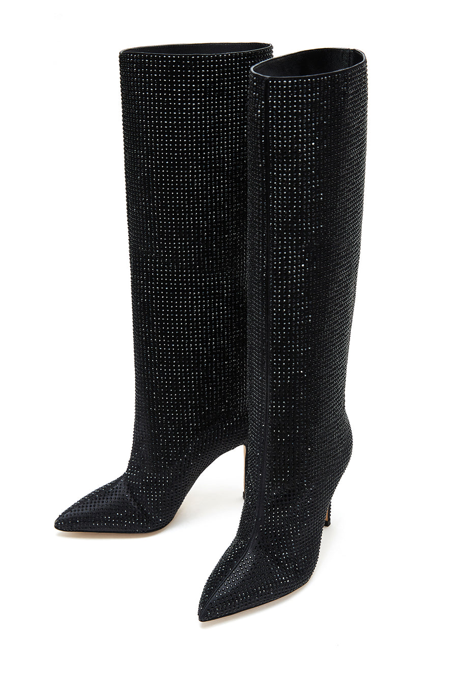 Women's Black Leather Thin Heeled Stone Boots