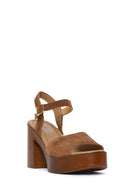 Woman Tan Buckled Platform Block-Heel Suede Leather Sandals | Derimod