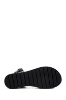 Women's Black Thick Soled Knitted Detailed Leather Bodrum Sandals | Derimod