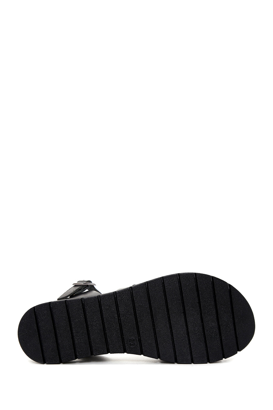 Women's Black Thick Soled Knitted Detailed Leather Bodrum Sandals