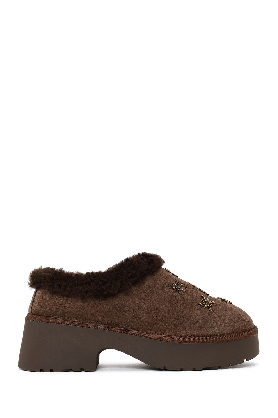 Woman Camel Thick-Soled Stone-Embellished Suede Teddy Slipper WF150006DS | Derimod